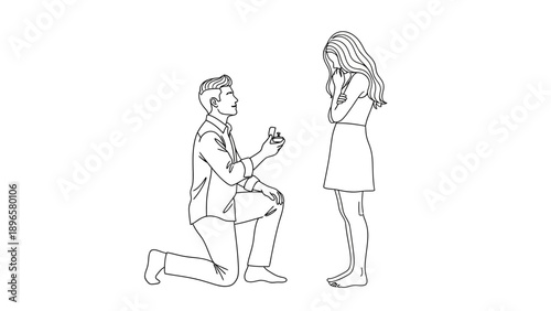 Man kneeling and proposing to woman standing in front of him in a simple line art illustration
