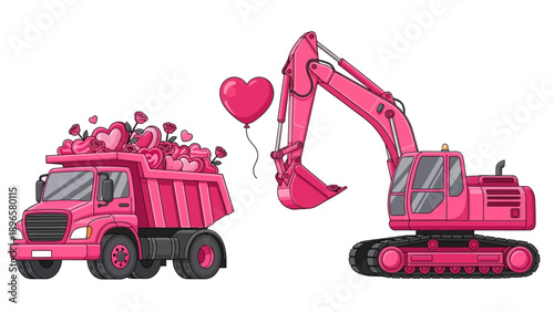 Heavy Machinery and Truck with Heart-Shaped Balloon Illustration