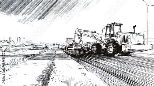 Professional Road Construction Line Art Vector Illustration Design