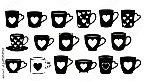Collection of black silhouetted coffee cups with heart designs on a white background