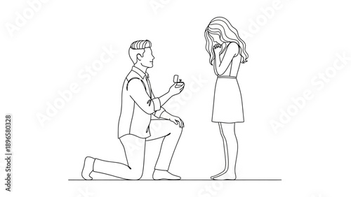 Man kneeling and proposing to woman with ring in hand, continuous line art illustration