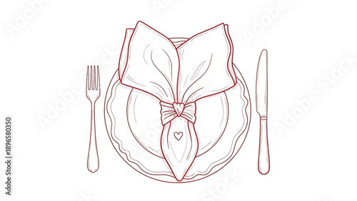 Fine dining setup with elegant napkin, plate, fork, and knife in a simple line art style