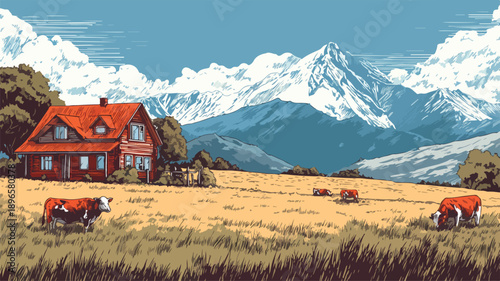Scenic Rural Farmhouse with Grazing Cows in Mountain Landscape Illustration