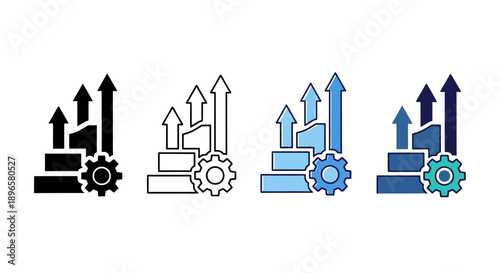 Collection of icons representing growth and development with gears and upward arrows in various styles and colors