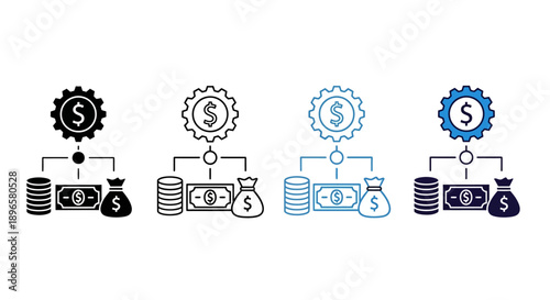 Financial icons mix sheet illustration featuring money, gear, finance, currency, and wealth in various formats and colors