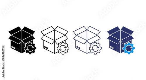 Collection of four box icons with gear elements in different styles and colors displayed in a row