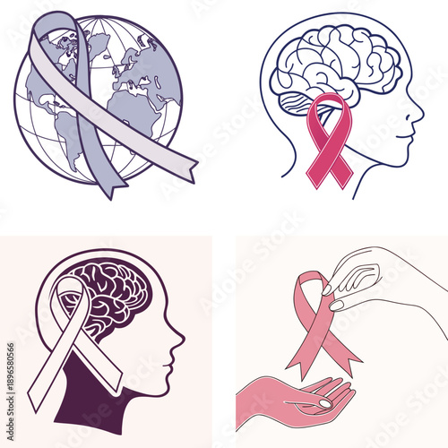 Collection of diverse health awareness ribbon illustrations depicting global support human brain concepts and caring hands offering solidarity for medical causes and mental wellbeing