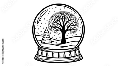 Snow globe illustration featuring a bare tree and snow-covered landscape inside a glass container