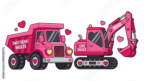 Pink construction vehicles with heart-shaped details and 'SWEETHEART MULCHER' and 'LOVE DOZER' text surrounded by hearts