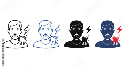 Dental pain icons in various styles and colors depicting a man experiencing toothache