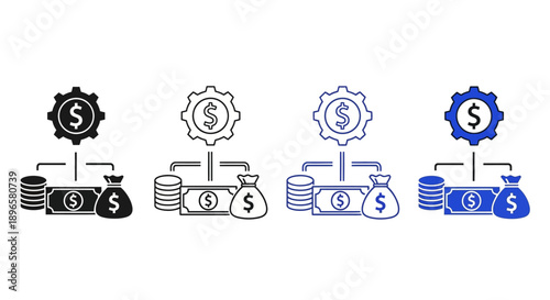 Assorted monetary icons and settings icons displayed in varied configurations on a plain white background