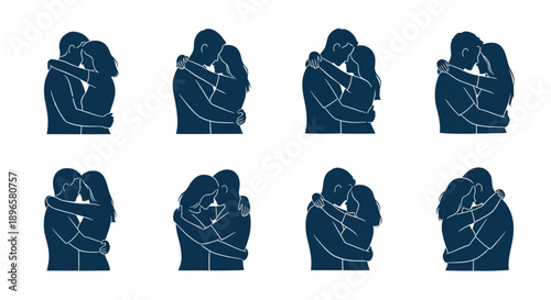 Multiple silhouetted figures embracing in various poses, showcasing affection and intimacy, in a minimalist illustration style