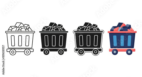 Collection of mine cart icons in various styles and colors, showcasing ore transportation in a mining context.