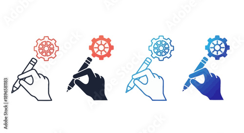 A set of colorful hand icons holding pencils with gears above in a mix sheet style
