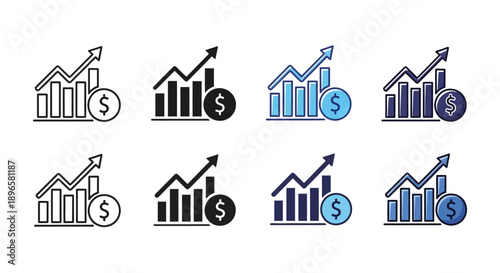 Collection of financial growth icons in various styles and colors, depicting upward trends and monetary symbols.