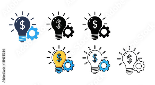 Collection of financial idea icons with dollar signs and cogs in various colors and styles, mix sheet concept