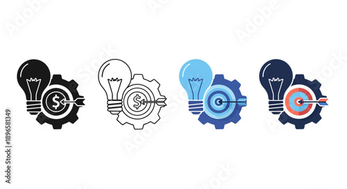 Collection of various lightbulb and gear icons mix sheet illustration showcasing different styles and concepts