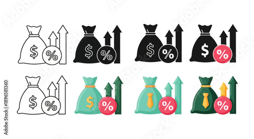 Financial icons collection with money bags and percentage signs in various styles and colors, illustrating financial trends and data visualization