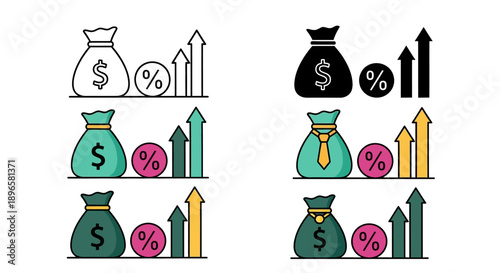 Collection of monetary icons and graphs illustrating financial growth and trends in a mix sheet format
