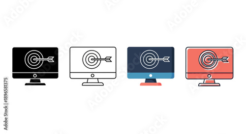 Collection of computer monitors displaying target icons in various colors, representing a mix of digital interfaces and focus, from a straightforward frontal viewpoint.