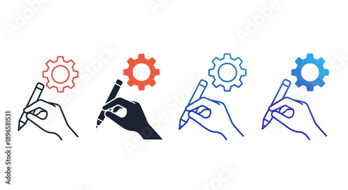 Various hands manipulating icons and gears in a mix of line art and solid fill styles.