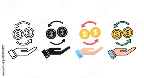 Financial transaction icons mix sheet featuring hands and currency exchange graphics