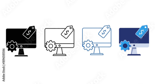 Variety of computer monitor icons with tags and gears displayed in different styles