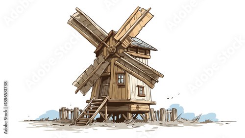 Cheerful Windmill Cartoon Style Illustration with Outline Vector