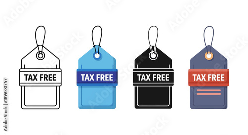 Collection of various colored tax free tags and labels with different designs hanging from above