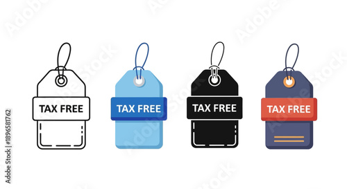Set of tax free labels or tags in various colors and designs for travel and shopping