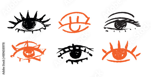 Beautiful collection of grunge women eyes for cosmetics, perfume and beauty designs. Feminism. Skin and face care elements. Brush made cute simple and colourful eyes.