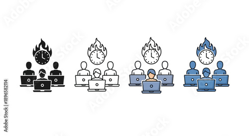 Various computer users working together in a collaborative environment with flames rising from monitors