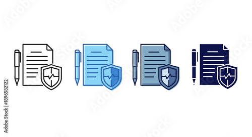 Collection of document icons with security features displayed in a row, highlighting protection and verification, 