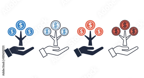 A set of hands nurturing currency trees with dollar signs, showcasing financial growth and investment concepts in a simple illustration style