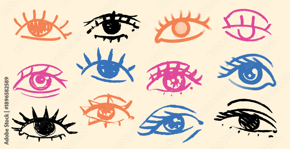 Obraz premium Beautiful collection of grunge women eyes for cosmetics, perfume and beauty designs. Feminism. Skin and face care elements. Brush made cute simple and colourful eyes.