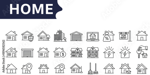 Home and real estate line art icons for property and housing Keywords: home, house, property, real estate, housing, building