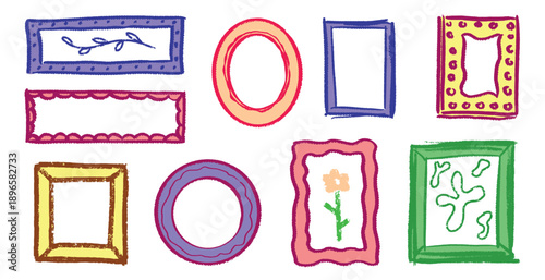 Cute grunge frames for your design. Colourful childish simple elements. Brush made hand drawn collection. Pastel summer looking retro decorative element.