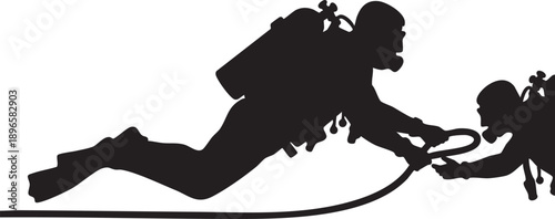 Silhouette of scuba divers exploring underwater with detailed diving gear and equipment, minimalist design style