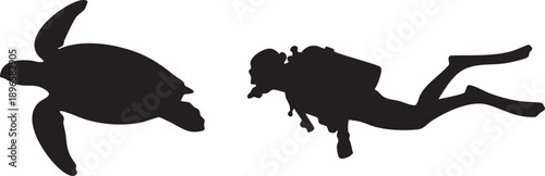 Silhouette of scuba diver swimming alongside sea turtle in minimalist style, isolated on white background