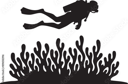 Silhouette of scuba diver swimming over coral reef in minimalist style, evoking underwater exploration