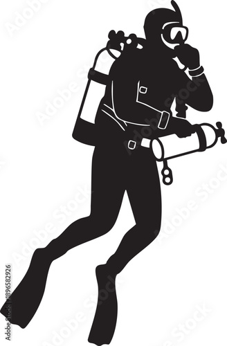 Silhouette of scuba diver in full gear with oxygen tanks and mask, minimalist black and white design for underwater exploration