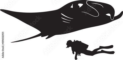 Silhouette of scuba diver swimming near manta ray in open ocean, minimalist black and white design