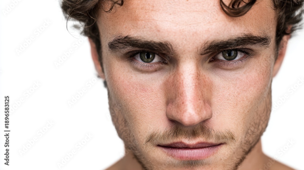 Obraz premium Intense gaze of caucasian young adult male against white background.