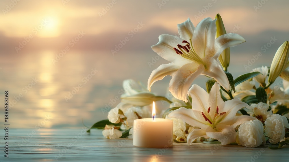 Obraz premium Serene beach sunset with white lilies and candlelight reflection.