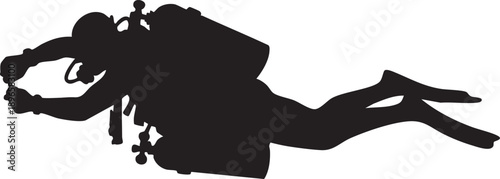 Silhouette of scuba diver swimming underwater in minimalist black and white vector design style
