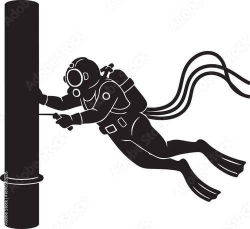 Professional scuba diver in full gear performing underwater welding on a vertical structure, monochromatic silhouette style with clean lines