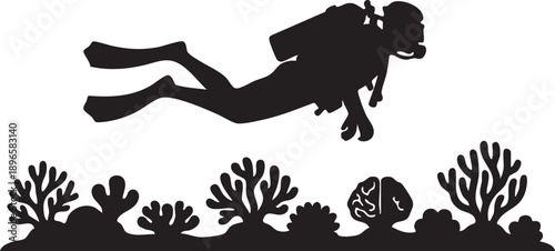 Scuba diver exploring underwater coral reef scene, silhouette style with detailed marine life and ocean floor