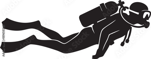 Scuba diver silhouette swimming underwater, minimalist black and white graphic design for diving themes