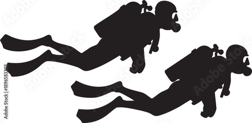 Silhouette of two scuba divers swimming underwater in minimalist black and white design, bold and dynamic composition