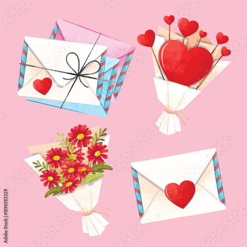 Charming watercolor-style graphics featuring mailboxes, envelopes, and floral bouquets for romantic Valentine's Day designs
